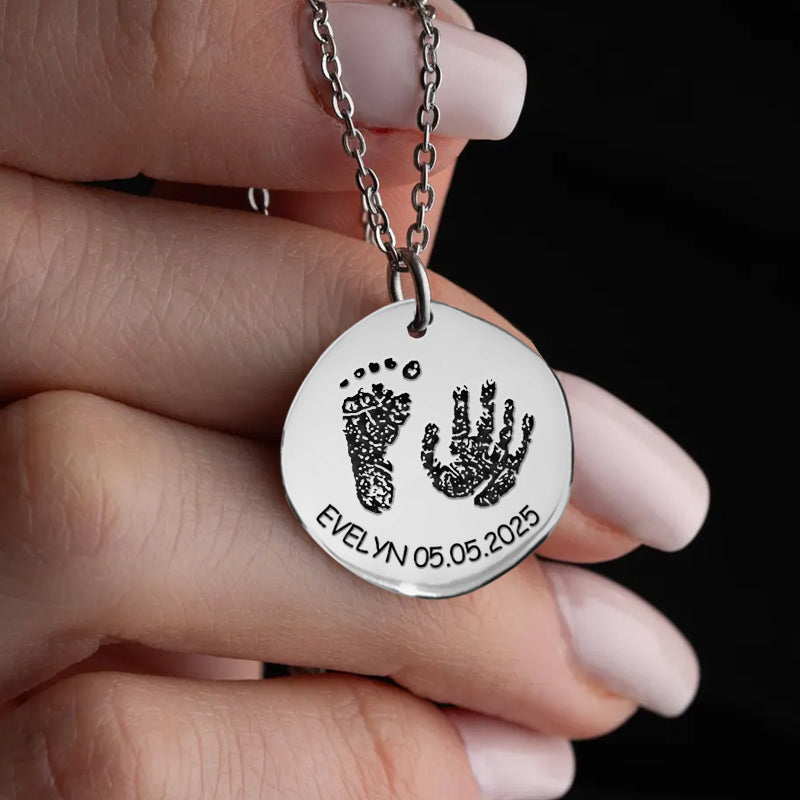Personalized Baby Handprint & Footprint Necklace – 925 Sterling Silver Engraved Name & Date – Cherished Gift for New Moms and Family