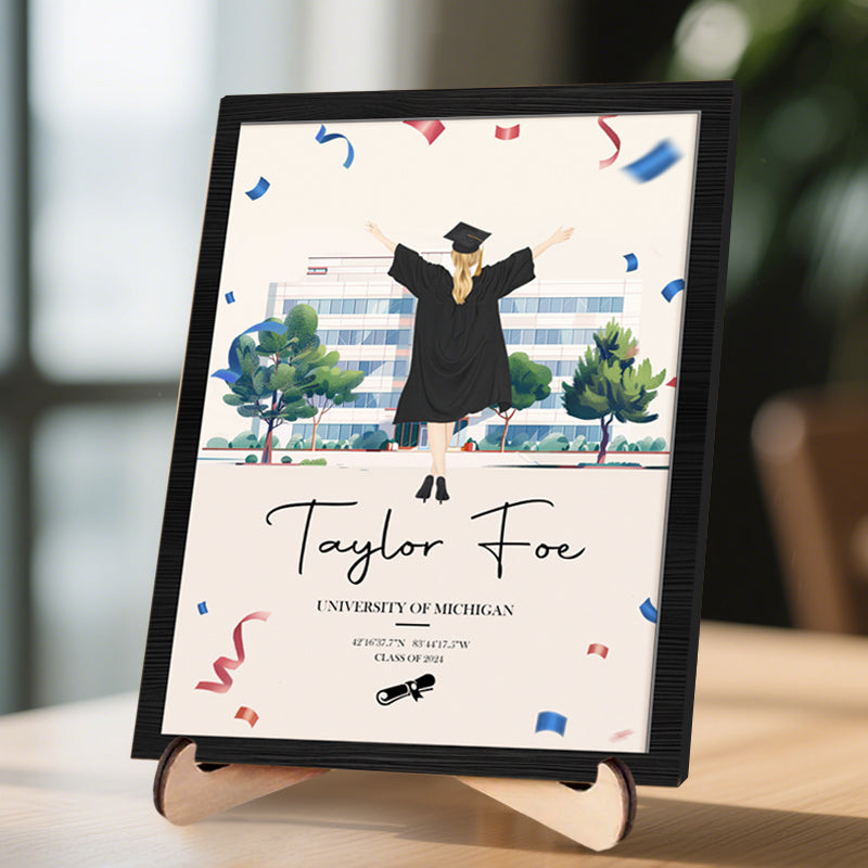 Custom Graduation Silhouette Sign – Personalized Wooden Plaque with Name, Year, University, and Coordinates for Graduates and Celebration Decor