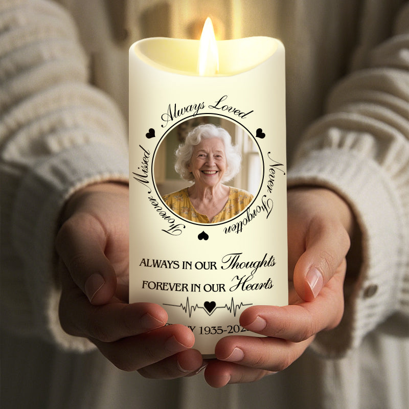 Custom Photo Always In Our Thoughts Forever In Our Hearts-Memorial Personalized LED Candle – Sympathy Gift for Loved Ones