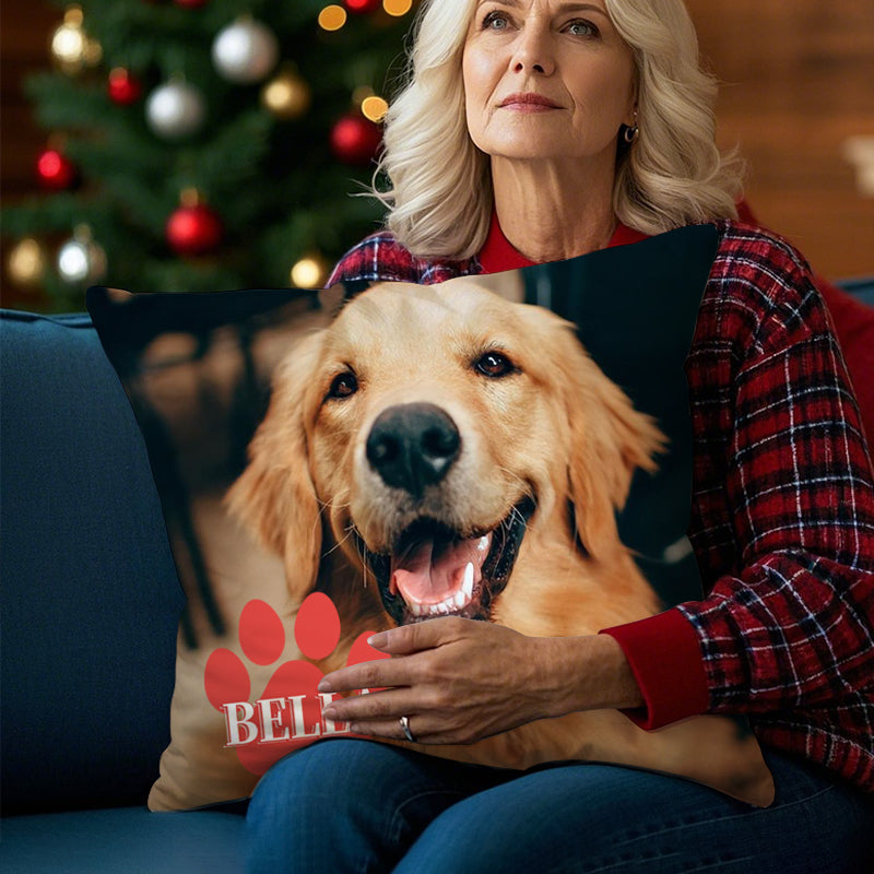 Personalized Pet Photo Pillow with Custom Name in Paw Print – Full Photo Cushion Gift for Dog & Cat Lovers