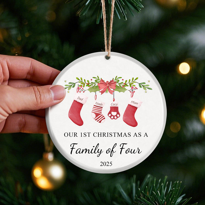 Our First Christmas as a Family of Four – Personalized Ceramic Ornament with Hanging Stockings & Greenery