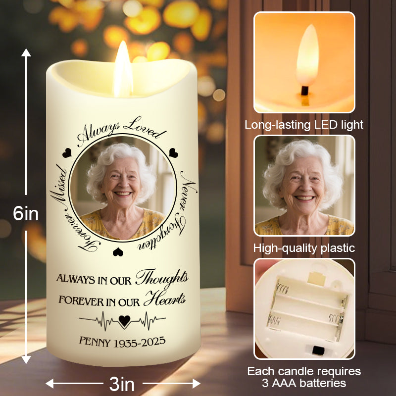 Custom Photo Always In Our Thoughts Forever In Our Hearts-Memorial Personalized LED Candle – Sympathy Gift for Loved Ones