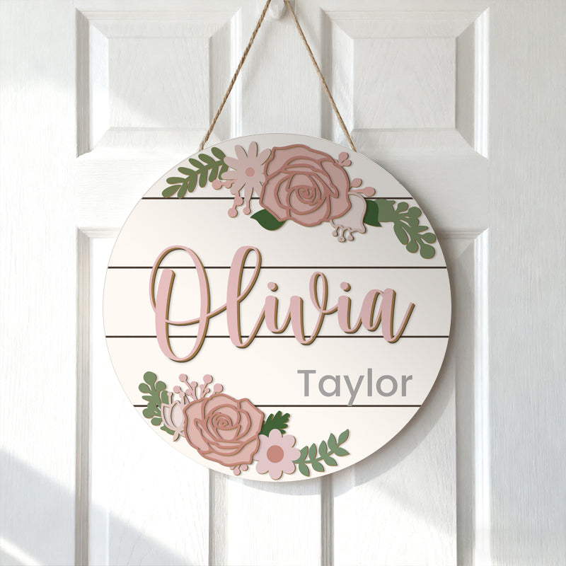 Personalized Baby Name Wooden Sign – Custom Floral Design for Nursery, Hospital Door, or Baby Shower Gift