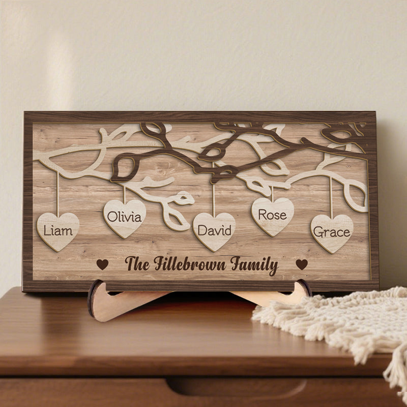 Custom 3-Layer Wooden Family Tree Sign with Hanging Hearts – Personalized Gift for Mom, Dad & Family