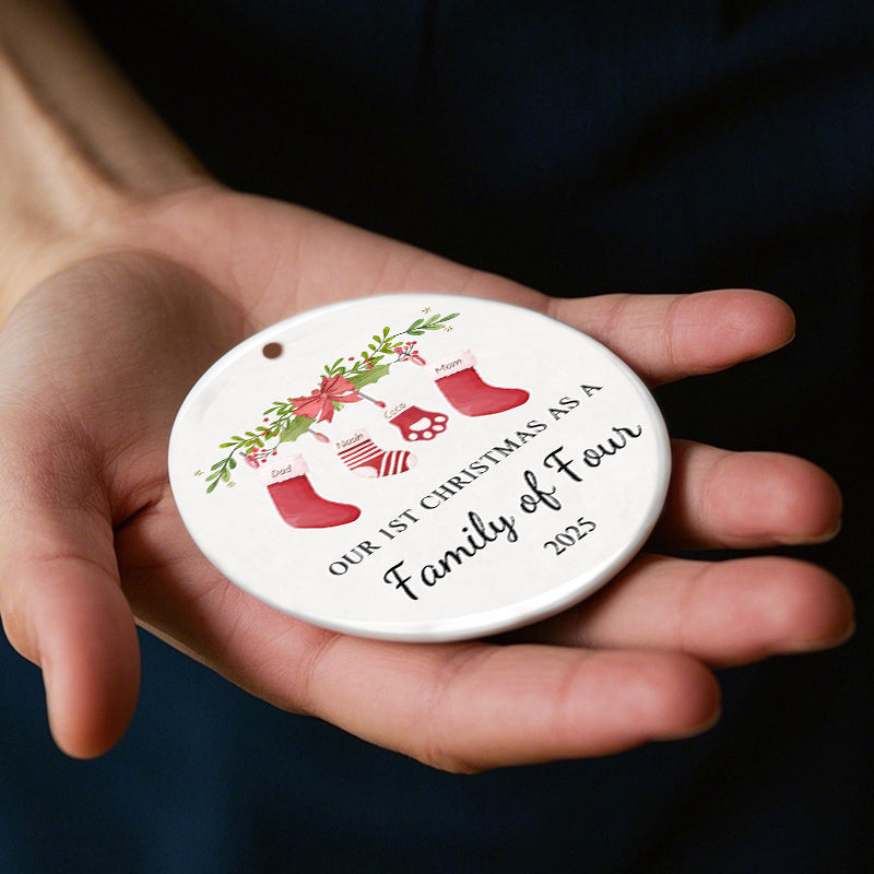 Our First Christmas as a Family of Four – Personalized Ceramic Ornament with Hanging Stockings & Greenery