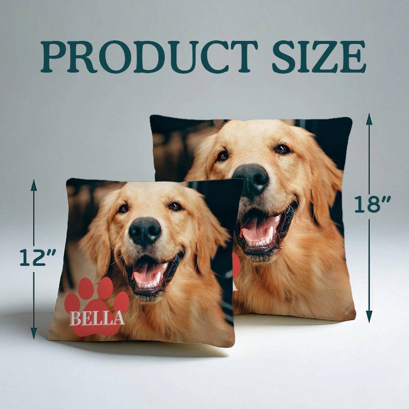 Personalized Pet Photo Pillow with Custom Name in Paw Print – Full Photo Cushion Gift for Dog & Cat Lovers