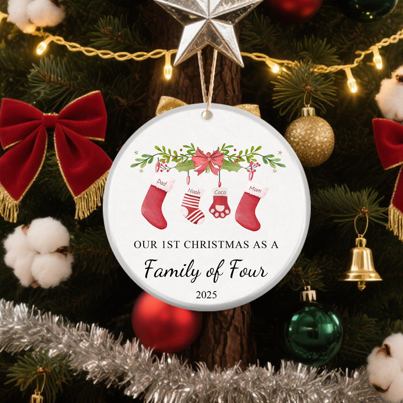 Our First Christmas as a Family of Four – Personalized Ceramic Ornament with Hanging Stockings & Greenery