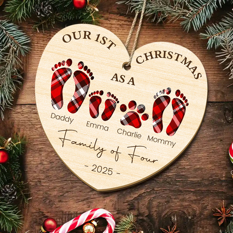 First Christmas as a Family of Four – Personalized Wooden Footprint Heart Ornament – Gift for Families & Loved Ones