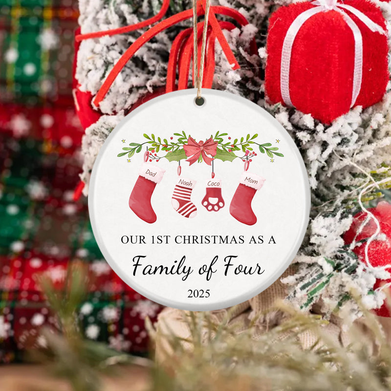 Our First Christmas as a Family of Four – Personalized Ceramic Ornament with Hanging Stockings & Greenery