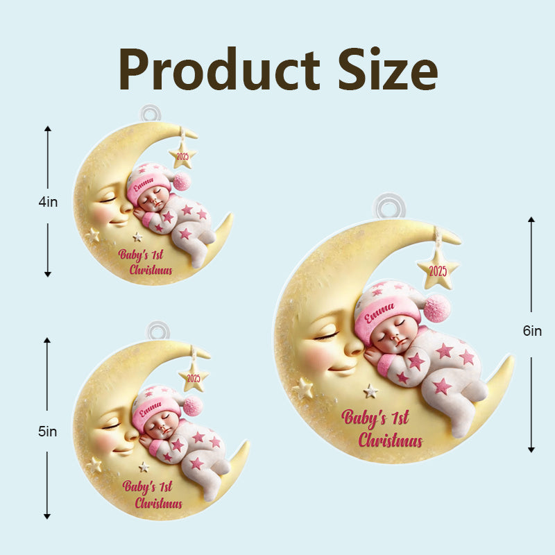 Personalized baby Christmas ornament with a moon and sleeping baby design, an adorable keepsake for celebrating a newborn’s first Christmas.