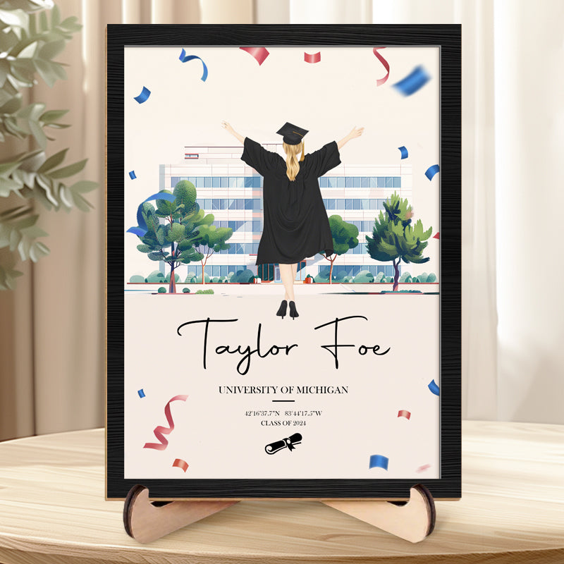 Custom Graduation Silhouette Sign – Personalized Wooden Plaque with Name, Year, University, and Coordinates for Graduates and Celebration Decor