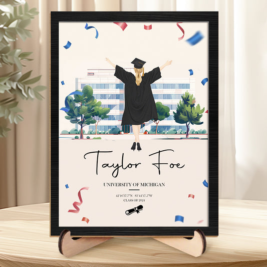 Custom Graduation Silhouette Sign – Personalized Wooden Plaque with Name, Year, University, and Coordinates for Graduates and Celebration Decor