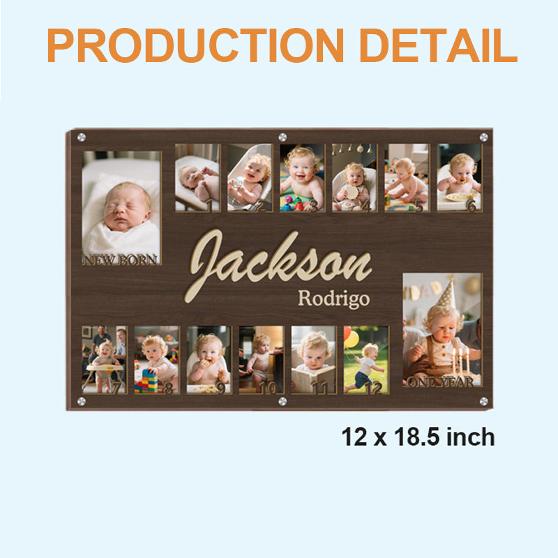 Custom Baby First Year Photo Frame – Personalized Wooden Keepsake for 14 Photos – Gift for New Parents or Baby Shower
