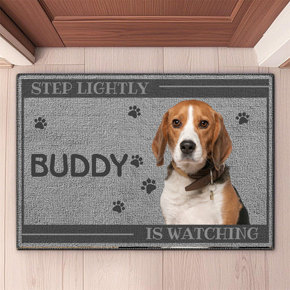 Custom Photo Step Lightly, The Dog And Cat Are Watching - Dog & Cat Personalized Custom Home Decor Decorative Mat - House Warming Gift For Pet Owners, Pet Lovers