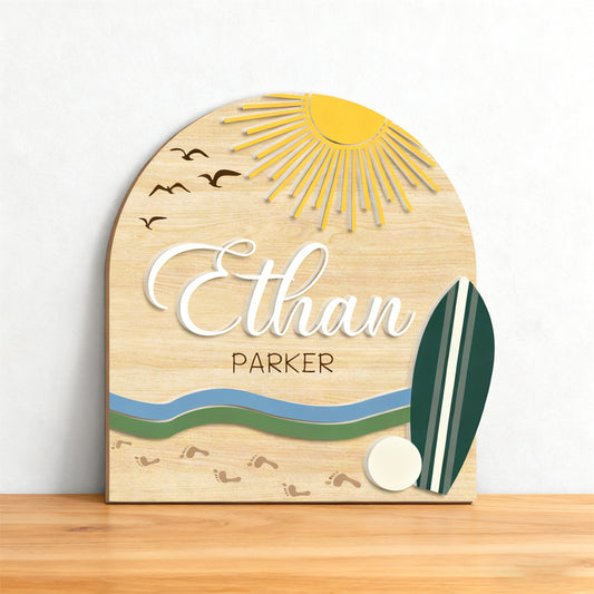 Personalized Wooden Baby Name Sign – Natural Forest and Ocean Design for Nursery or Baby Shower Gift