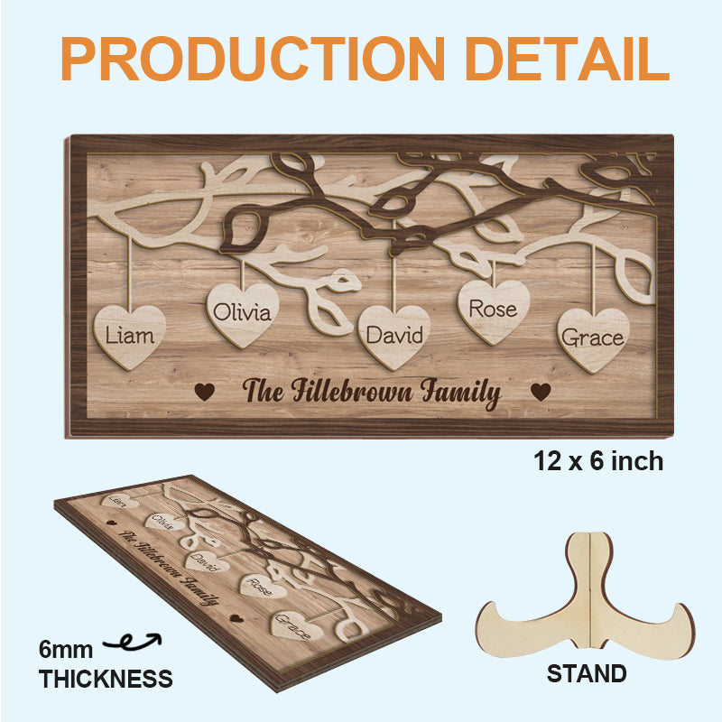 Custom 3-Layer Wooden Family Tree Sign with Hanging Hearts – Personalized Gift for Mom, Dad & Family