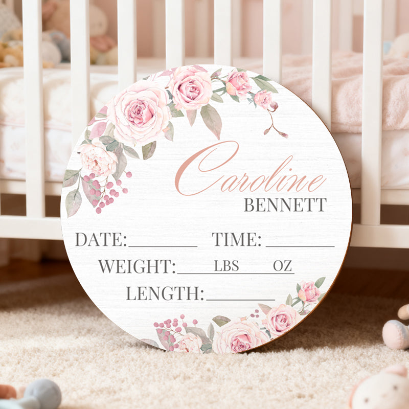 Personalized Baby Stats Wooden Sign – Custom Floral Design for Nursery, Hospital Door, or Baby Shower Gift