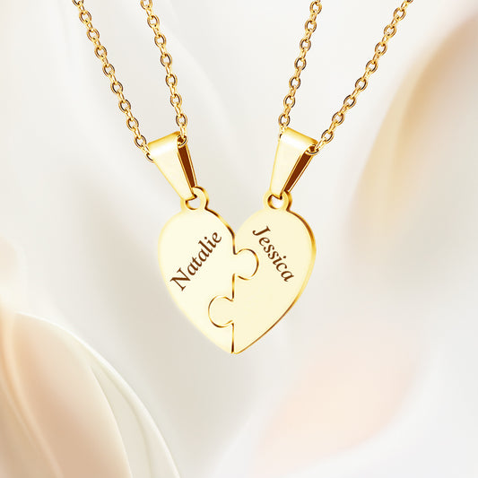 Custom Heart Puzzle Necklace – Personalized Name Charms – Gift for Family & Loved Ones