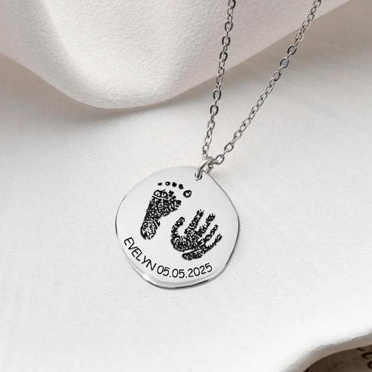Personalized Baby Handprint & Footprint Necklace – 925 Sterling Silver Engraved Name & Date – Cherished Gift for New Moms and Family