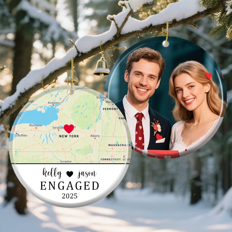 Personalized  City Map Ornament – Custom Ceramic Keepsake with Names, Year & Photo – Gift for Engagement, Wedding & Anniversary