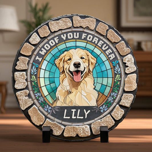 Custom Photo I Woof You Forever- Memorial Personalized Custom 3D Mosaic Faux Stained Glass Print Round Shaped Memorial Stone  - Gift For Pet Owners, Pet Lovers