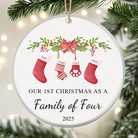 Our First Christmas as a Family of Four – Personalized Ceramic Ornament with Hanging Stockings & Greenery