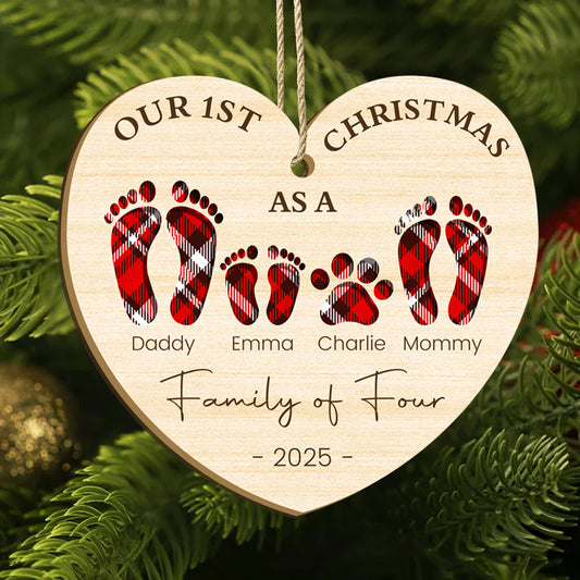 First Christmas as a Family of Four – Personalized Wooden Footprint Heart Ornament – Gift for Families & Loved Ones