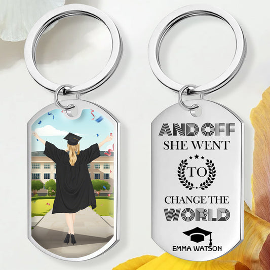 Custom Graduation Keychain – “And Off She/He Went to Change the World” Personalized Gift for Daughter, Son, or Graduate