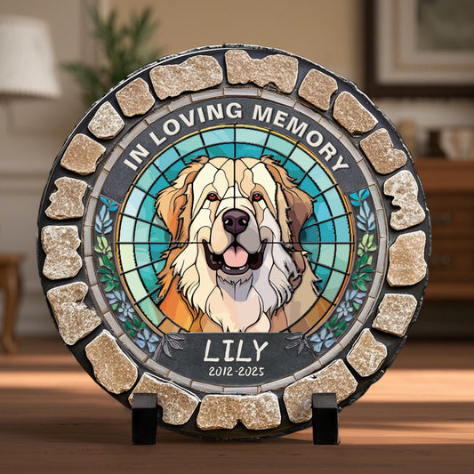 Custom In Loving Memory Of My Furry Friend- Memorial Personalized Custom 3D Mosaic Faux Stained Glass Print Round Shaped Memorial Stone  - Sympathy Gift For Pet Owners, Pet Lovers