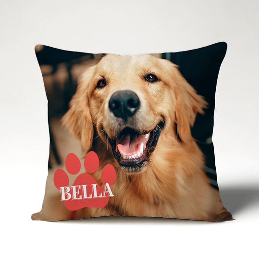 Personalized Pet Photo Pillow with Custom Name in Paw Print – Full Photo Cushion Gift for Dog & Cat Lovers