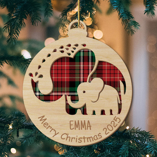 Custom Baby Name Merry Christmas 2025 Wooden Ornament– 2-Layered Elephant Keepsake  – Gift for Families & Loved Ones