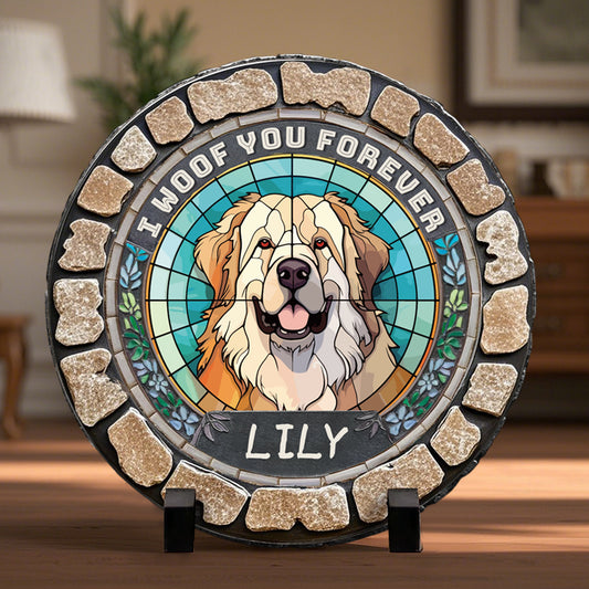 Custom I Woof You Forever- Memorial Personalized Custom 3D Mosaic Faux Stained Glass Print Round Shaped Memorial Stone  - Gift For Pet Owners, Pet Lovers