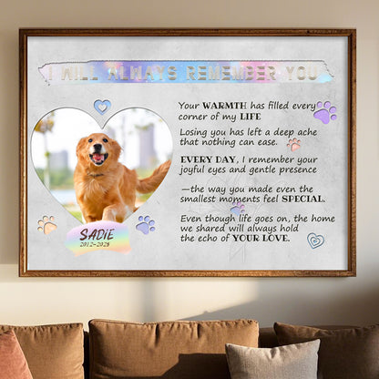 Custom Photo I Will Always Remember You- Pets Personalized Custom Horizontal Poster/Canvas - Sympathy Gift For Pet Owners, Pet Lovers