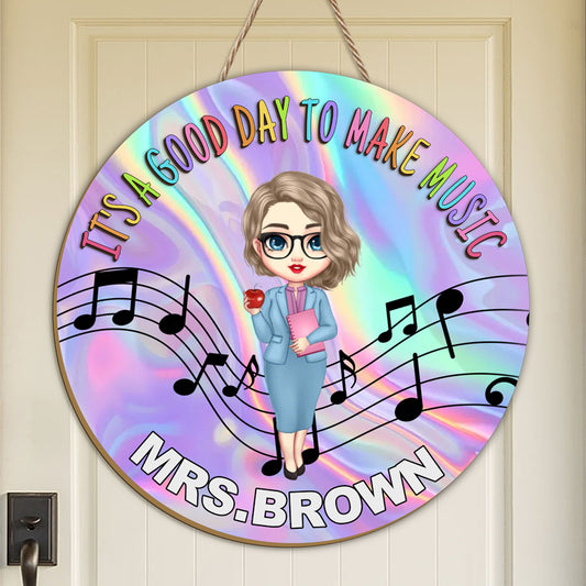 Custom “It’s a Good Day to Make Music” Wooden Sign – Personalized Name & Character – Gift for Music Teachers or Music Room