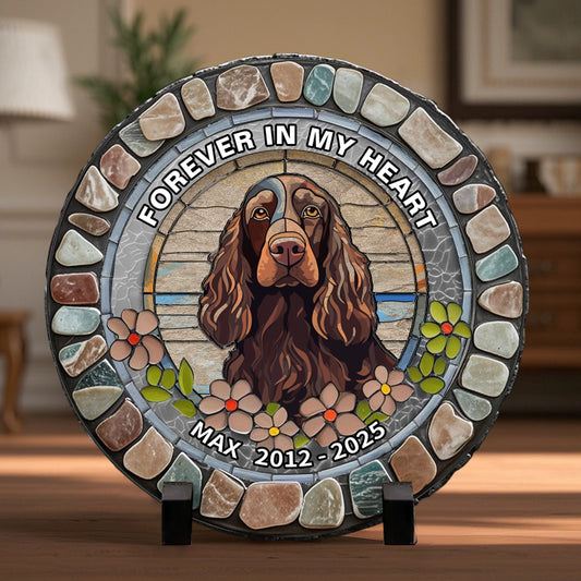 Custom Forever In My Heart- Memorial Personalized Custom 3D Mosaic Faux Stained Glass Print Round Shaped Memorial Stone  - Sympathy Gift For Pet Owners, Pet Lovers