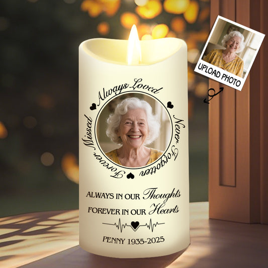 Custom Photo Always In Our Thoughts Forever In Our Hearts-Memorial Personalized LED Candle – Sympathy Gift for Loved Ones
