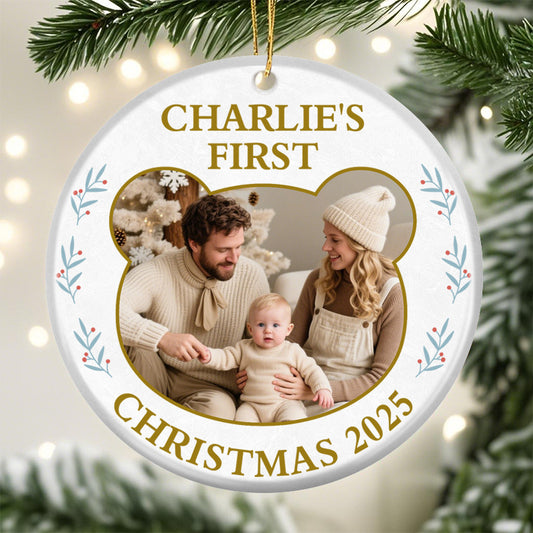 Personalized Baby’s First Christmas Ornament – Custom Bear Photo with Name and Year – Gift for Babies and Families