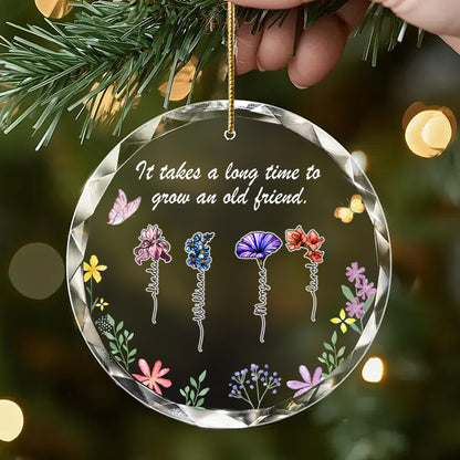 Personalized Floral Friendship Ornament – Custom Glass Keepsake with Names & Bloom Design – Gift for Friends & Special Bonds