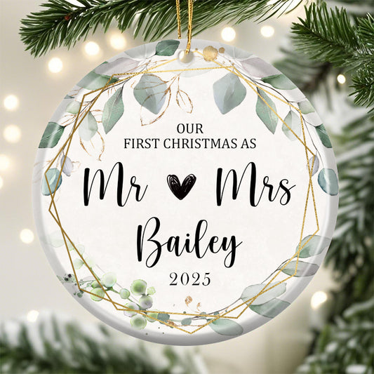 Personalized Our First Christmas as Mr ❤ Mrs Ornament – Custom Ceramic Keepsake with Last Name & Year – Gift for Newlyweds, Spouse, or Married Couple