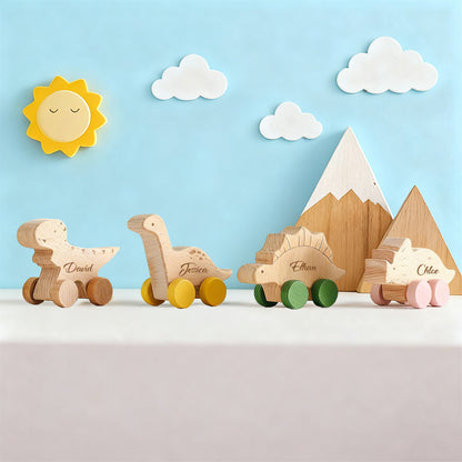 Personalized Dinosaur Family Toy on Wheels – Custom Wooden Keepsake with Engraved Names – Gift for Babies and Families