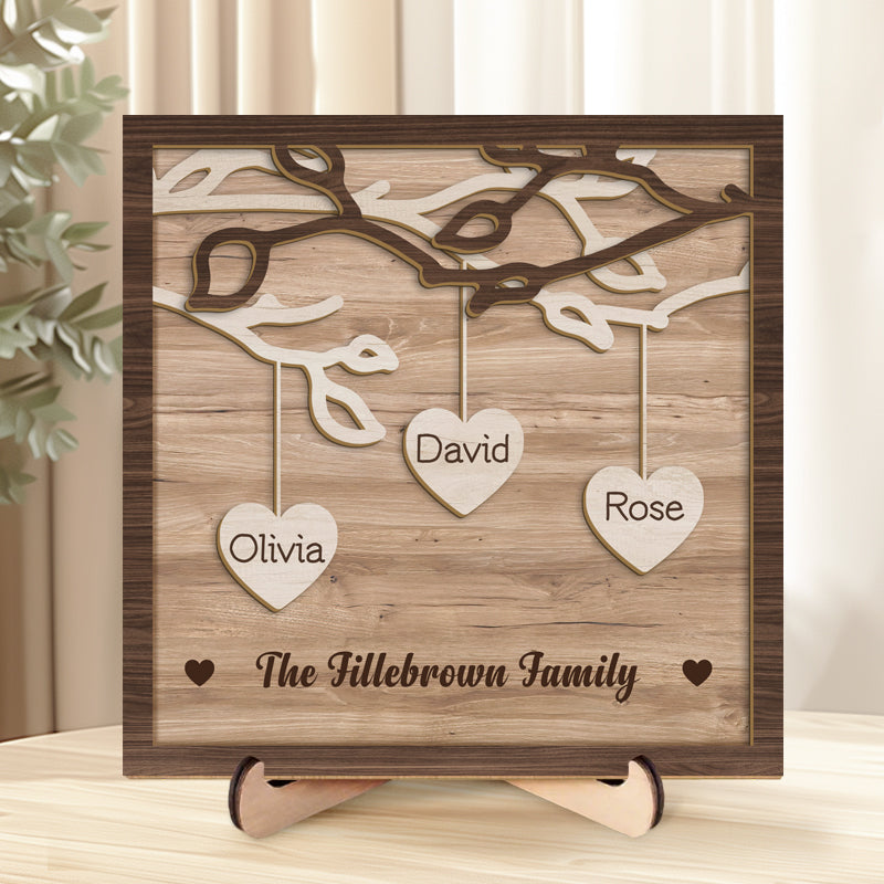 Custom 3-Layer Wooden Family Tree Sign with Hanging Hearts – Personalized Gift for Mom, Dad & Family