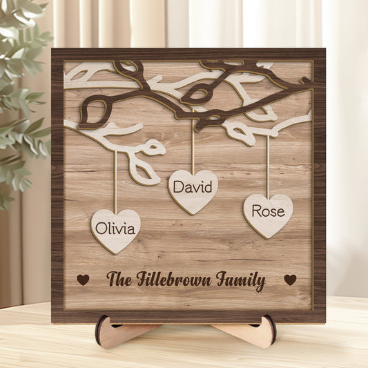 Custom 3-Layer Wooden Family Tree Sign with Hanging Hearts – Personalized Gift for Mom, Dad & Family