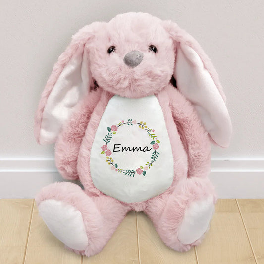 Custom Personalized Keepsake Bunny – Elegant Floral Wreath Design with Name – Perfect Gift for Birthdays, Baby Showers & Special Moments