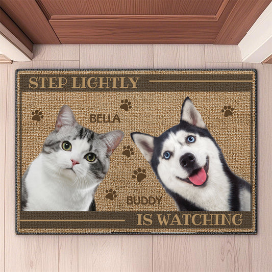 Custom Photo Step Lightly, The Dog And Cat Are Watching - Dog & Cat Personalized Custom Home Decor Decorative Mat - House Warming Gift For Pet Owners, Pet Lovers