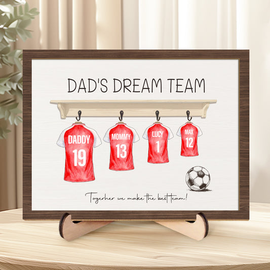 Custom Dad’s Dream Team Football Shirt Print - 2-Layered Wooden Sign Keepsake for Father’s Day, Dad, Grandad, and Football Fans