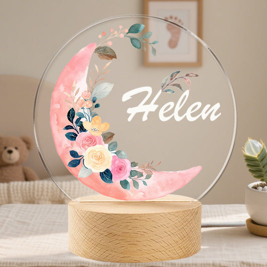 Personalized Baby Night Light with Moon and Flowers – Custom Name Nursery Lamp Keepsake – Unique Gift for Baby Showers, Newborns & Nursery Decor