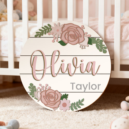 Personalized Baby Name Wooden Sign – Custom Floral Design for Nursery, Hospital Door, or Baby Shower Gift
