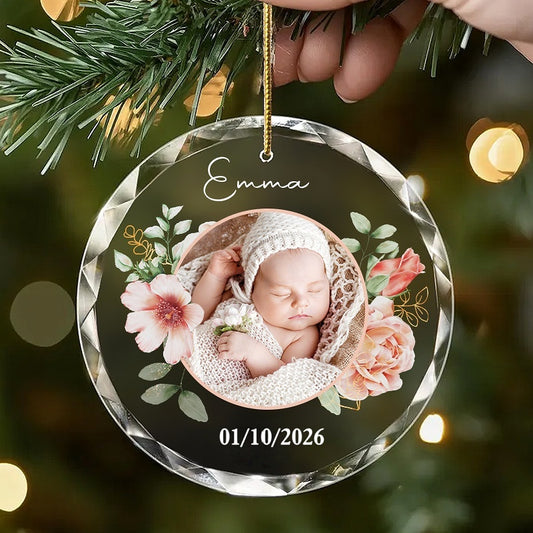 Personalized Baby Photo Glass Ornament – Custom Floral Keepsake – Gifts for Baby Shower, Birthday&Party