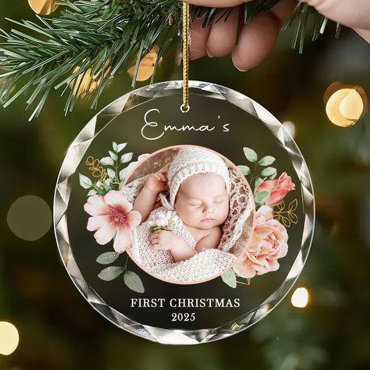 Personalized Baby Photo Ornament – Custom Glass Keepsake for First Christmas 2025 – Floral Gift for Families