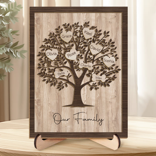 Custom 3-Layer Family Tree Wooden Sign with Hearts, Paw Prints & Bones – Personalized Gift for Mom, Dad & Pet Lovers